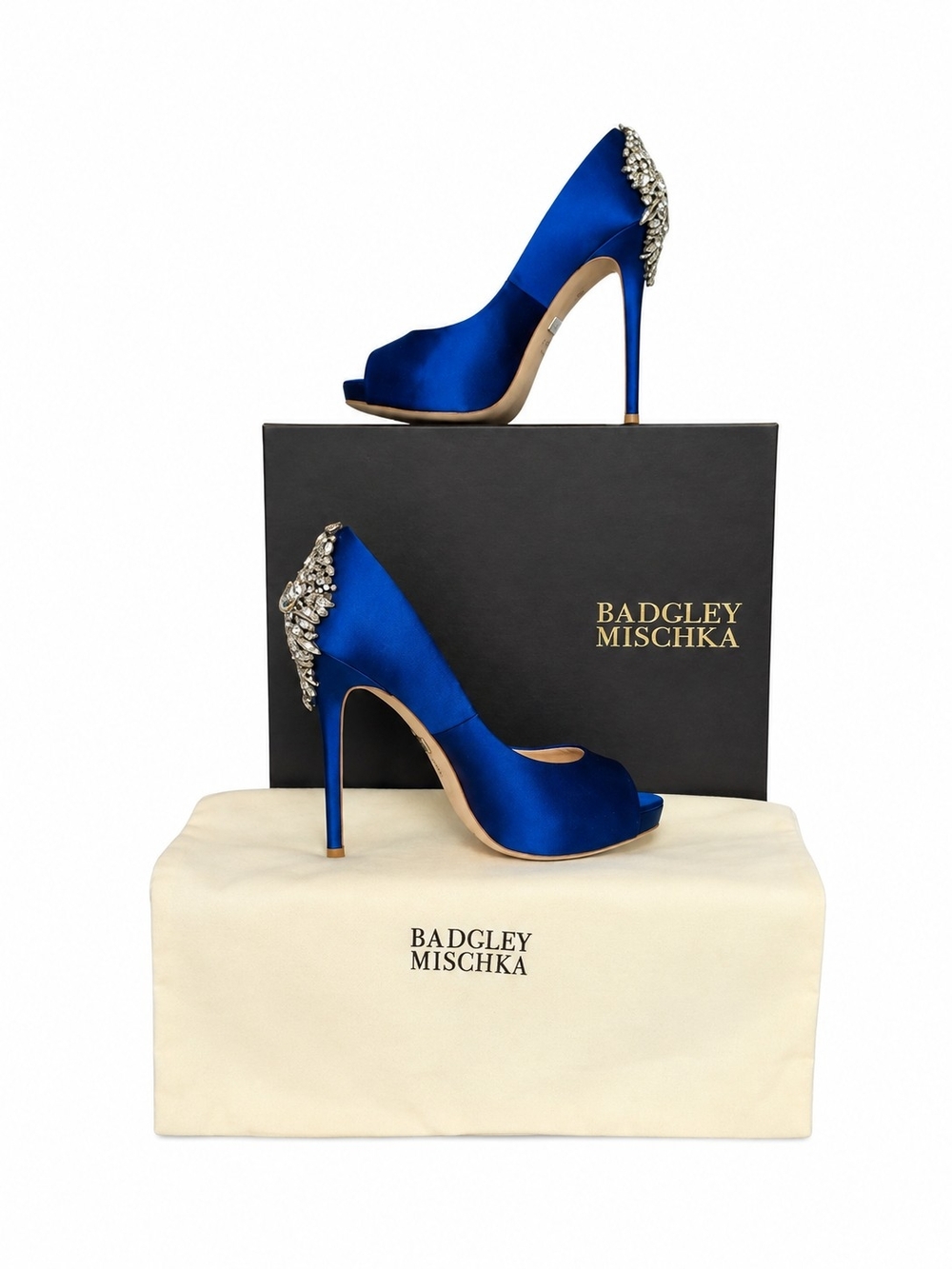Badgley Mischka Royal Blue Satin Peep-Toe Stilettos with Crystal Heel Detail